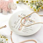 Personalized Floral Cross Bible Verse Ceramic Ring Dish Jewellery Tray with Name First Communion Party Decoration Christening Baptism Gift for Girls