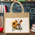 Personalized Sunflower Highland Cow Jute Tote Bag with Name Birthday Gift for Highland Cow Lover