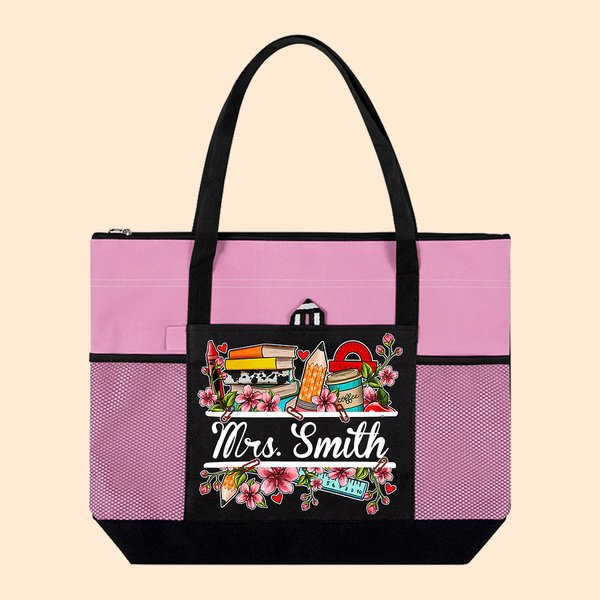 Personalised Book Flower Stationery Large Tote Bag with Name Back to School Appreciation Gift for Teacher