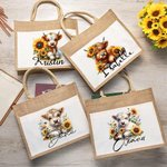 Personalized Sunflower Highland Cow Jute Tote Bag with Name Birthday Gift for Highland Cow Lover