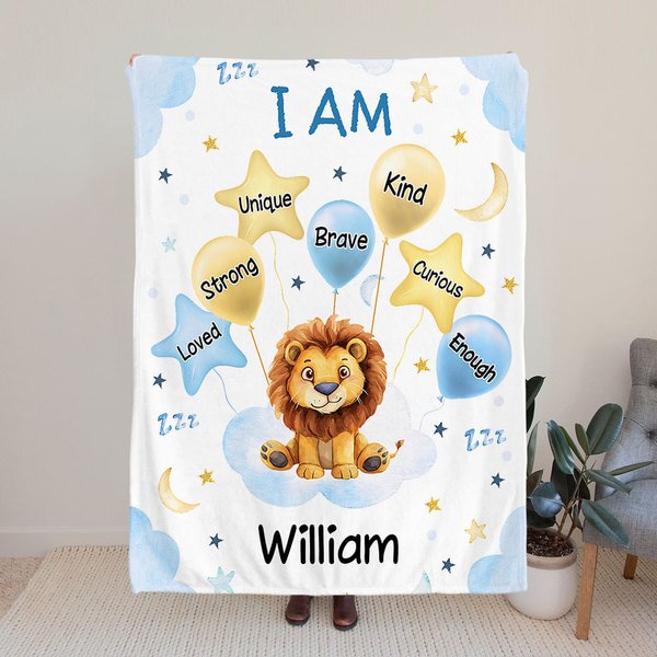Personalized Cute Lion Elephant Animal Soft Throw Blanket with Name and Positive Affirmations Birthday Baby Shower Gift for Newborn Kids