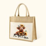 Personalized Sunflower Highland Cow Jute Tote Bag with Name Birthday Gift for Highland Cow Lover