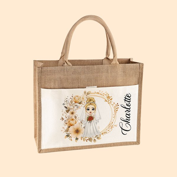 Sac en Jute Personnalisé avec Personnage et Nom Sac avec Poche en Toile Cadeau Enterrement de Vie de Jeune Fille pour Femme