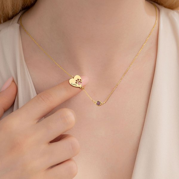 Gepersonaliseerde Hart Paw Sideway Gegraveerde Naam Ketting met 1-4 Geboortestenen Verjaardag Gedenkcadeau voor Hond Kat Huisdier Liefhebbers