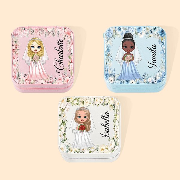 Personalised Floral Cartoon Bride Bridesmaid Leather Jewellery Box with Name Travel Essentials Wedding Bridal Shower Gift for Women