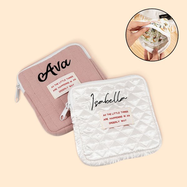 Personalised Portable Double Layer Mini Makeup Bag Storage Pouch with Embroidery Name Birthday Anniversary Gift for Women