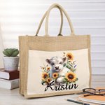 Personalized Sunflower Highland Cow Jute Tote Bag with Name Birthday Gift for Highland Cow Lover
