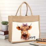 Bolsa de yute grande con nombre y bolsillo de algodón personalizada con un bonito diseño de vaca de las Highlands Regalo de cumpleaños para un amante 