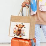 Bolsa de yute grande con nombre y bolsillo de algodón personalizada con un bonito diseño de vaca de las Highlands Regalo de cumpleaños para un amante 