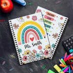 Personalized Floral Crayon Pencil Rainbow Highland Cow 120 Pages A5 Lined Spiral Notebook with Name Back to School Appreciation Gift for Teacher