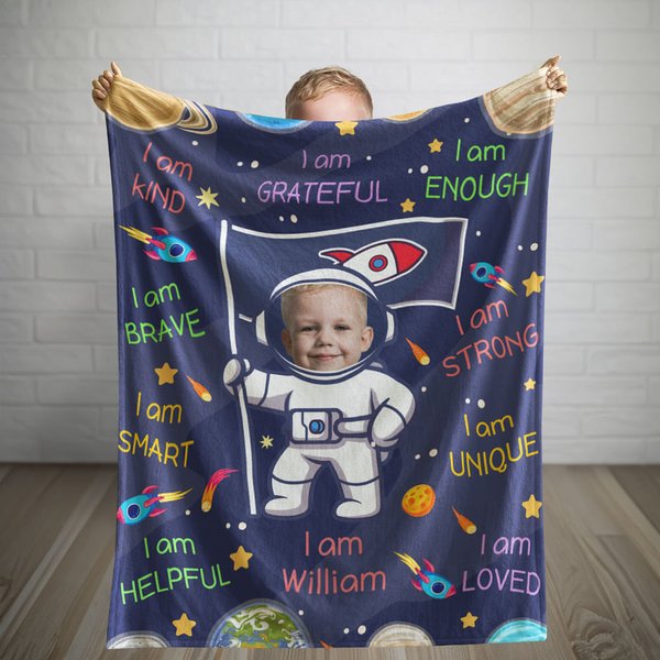 Personalised Cute Astronaut Galaxy Photo Name Throw Blanket with Positive Affirmations Phrase Birthday Baby Shower Back To School Gift for Kids