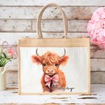 Bolsa de yute grande con nombre y bolsillo de algodón personalizada con un bonito diseño de vaca de las Highlands Regalo de cumpleaños para un amante 