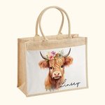 Bolsa de yute grande con nombre y bolsillo de algodón personalizada con un bonito diseño de vaca de las Highlands Regalo de cumpleaños para un amante 