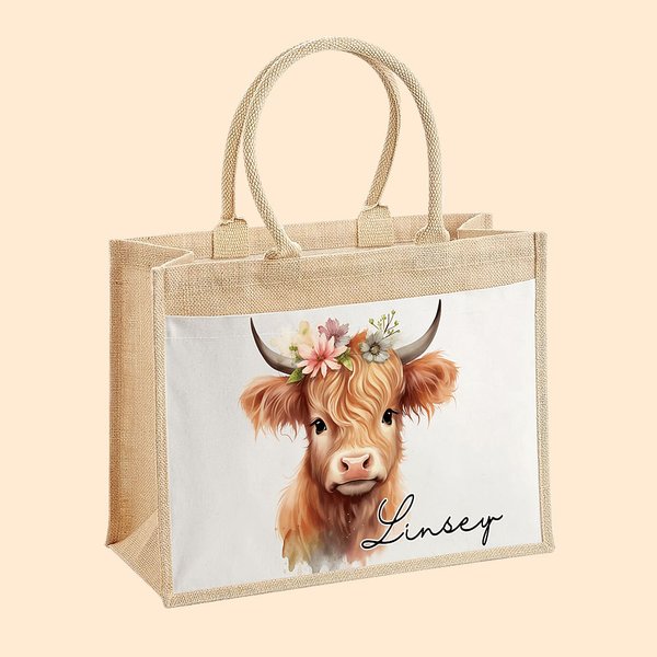 Bolsa de yute grande con nombre y bolsillo de algodón personalizada con un bonito diseño de vaca de las Highlands Regalo de cumpleaños para un amante 