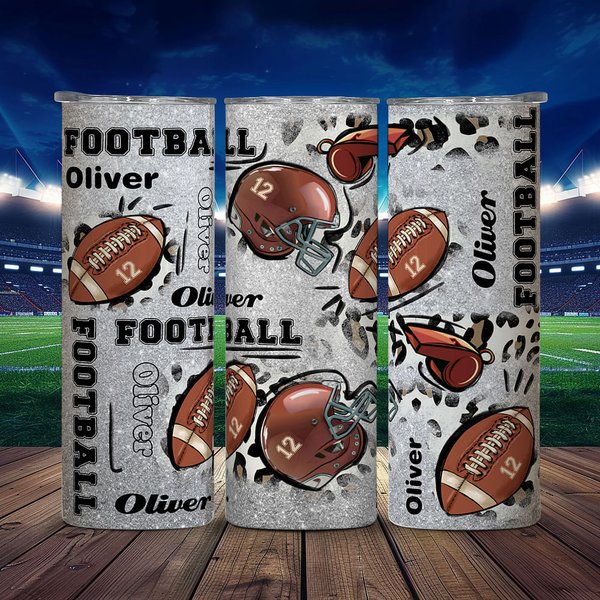 Gepersonaliseerde luipaardprint voetbalontwerp 20oz Skinny Tumbler met naam nummer rietje en borstel Verjaardag Match Day geschenk voor voetballiefheb
