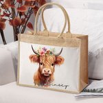 Bolsa de yute grande con nombre y bolsillo de algodón personalizada con un bonito diseño de vaca de las Highlands Regalo de cumpleaños para un amante 