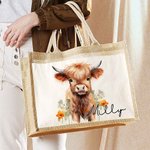 Bolsa de yute grande con nombre y bolsillo de algodón personalizada con un bonito diseño de vaca de las Highlands Regalo de cumpleaños para un amante 
