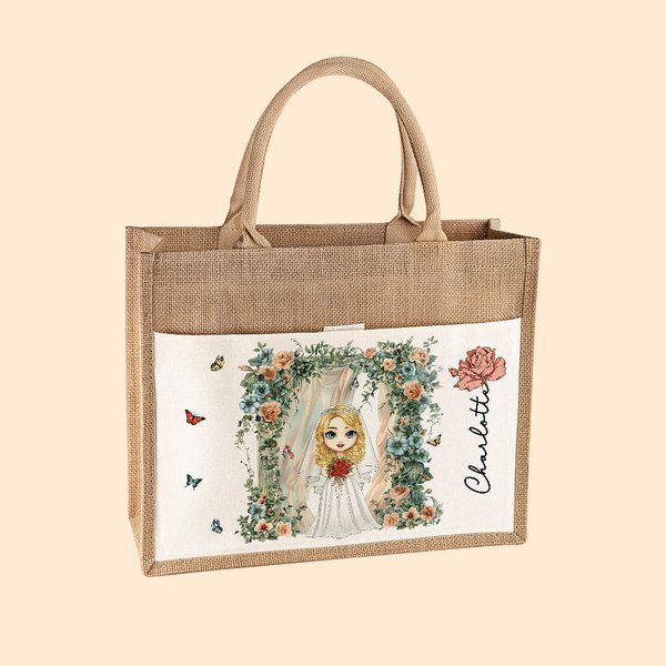 Borsa in iuta con nome e tasca in tela per matrimonio, doccia nuziale, addio al nubilato, personalizzata con arco floreale e fiore di nascita, con nom