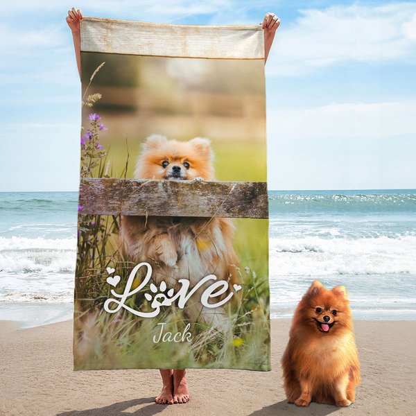 Serviette de Plage Personnalisée avec Photo de l'Animal Verticale Séchage Rapide Nom Optionnel Cadeau de Voyage pour Amoureux d'Animal de Compagnie