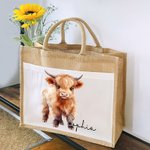 Bolsa de yute grande con nombre y bolsillo de algodón personalizada con un bonito diseño de vaca de las Highlands Regalo de cumpleaños para un amante 