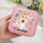 Personalized Cartoon Character Romantic Woven Floral Wreath Travel Jewellery Case with Name Wedding Bridal Shower Honeymoon Gift for Bride Bridesmaid