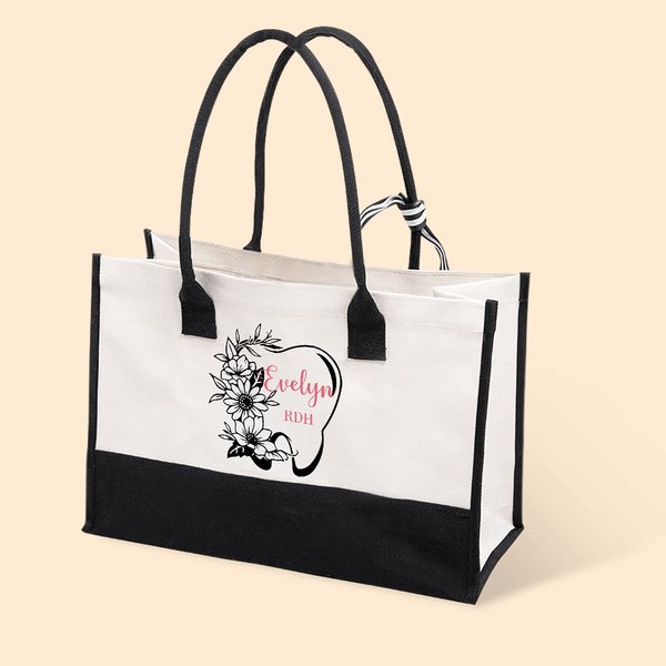 Personalised Dental Elements Large Canvas Tote Bag with Name Birthday Gift for Dental Worker Student