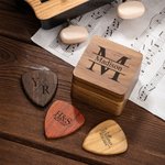 Personalised Wooden Guitar Storage Case and Picks with Engraved Monogram Birthday Gift for Guitar Lover
