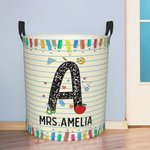 Personalized Doodle Pencil Apple Letter Large Capacity Waterproof Laundry Storage Basket with Handle Back to School Appreciation Gift for Teacher