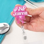 Gepersonaliseerde Roze Glitter Bow Knot Naam Badge Reel Waardering Graduation Gift voor Verpleegkundige Arts Office Worker