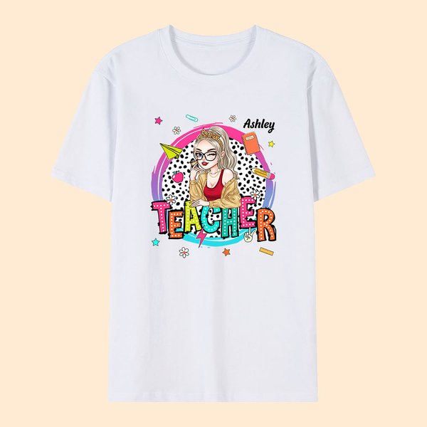 Personalised Teacher Cartoon 100% Cotton T-shirt with Name Back to School Appreciation Gift for Teacher
