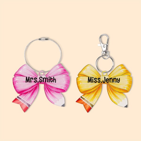 Personalised Coquette Bow Pencil Acrylic Tag Keychain with Name Appreciation Back to School Gift for Teacher