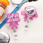 Gepersonaliseerde Roze Glitter Bow Knot Naam Badge Reel Waardering Graduation Gift voor Verpleegkundige Arts Office Worker