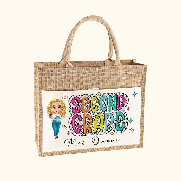 Personalizzato personaggio dei cartoni animati Riutilizzabile nome Tote Bag con tasca anteriore Back to School regalo per l'insegnante