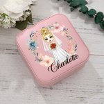 Personalized Cartoon Character Romantic Woven Floral Wreath Travel Jewellery Case with Name Wedding Bridal Shower Honeymoon Gift for Bride Bridesmaid