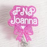 Gepersonaliseerde Roze Glitter Bow Knot Naam Badge Reel Waardering Graduation Gift voor Verpleegkundige Arts Office Worker