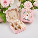 Personalized Cartoon Character Romantic Woven Floral Wreath Travel Jewellery Case with Name Wedding Bridal Shower Honeymoon Gift for Bride Bridesmaid