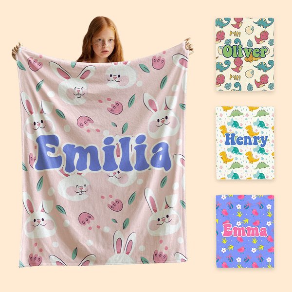 Personalised Childlike Cartoon Bunny Dinosaur Flower Warm Soft Blanket with Name Birthday Children's Day Gift for Kids
