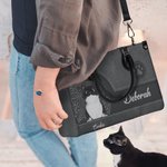 Personalized Retro Cartoon Cat Pebbled Leather Large Tote Bag with Name and Shoulder Strap Birthday Anniversary Memorial Gift for Cat Pet Lovers