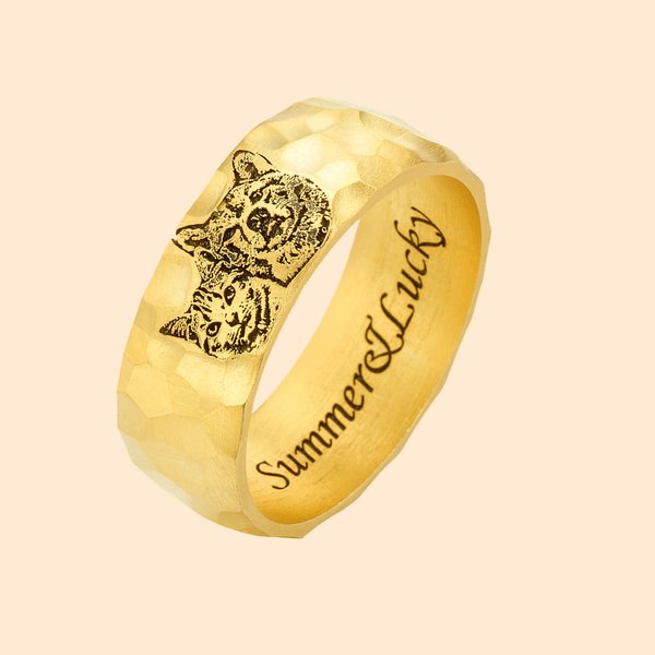 Bague de Style Martelé Personnalisée avec Photo et Texte Gravés Cadeau Commémoratif d'Anniversaire pour Femme Qui Aime l'Animal de Compagnie