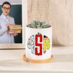 Personalized Doodle Apple Pencil Monogram Design Planter Pot with Name and Bamboo Tray Teacher's Day Appreciation Gift for Teacher