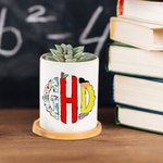 Personalized Doodle Apple Pencil Monogram Design Planter Pot with Name and Bamboo Tray Teacher's Day Appreciation Gift for Teacher