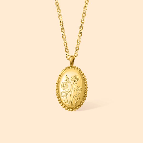 Collier à Pendentif Ovale Personnalisé avec Fleurs de Naissance Gravées Bijoux de Style Rétro Cadeau Anniversaire Fête pour Femme