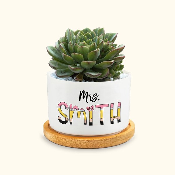 Gepersonaliseerde Leuke Potlood-geïnspireerde Letters Keramische Succulent Plant Pot met Naam en Bamboe Basis Terug naar School Waardering Gift voor L