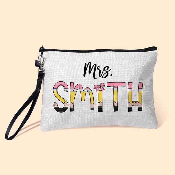 Personalised Colourful Pencil-inspired Fun Letter Linen Wristlet Makeup Bag with Name Back to School Appreciation Gift for Teacher