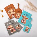 Personliga blommor Highland Cow läder passhållare bagagetagg set med namn resetillbehör födelsedagspresent för Highland Cow älskare