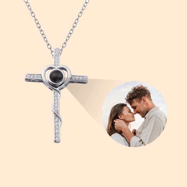 Personalised Photo Projection Cross Heart Necklace I Love You in 100 Languages Anniversary Birthday Gift for Women