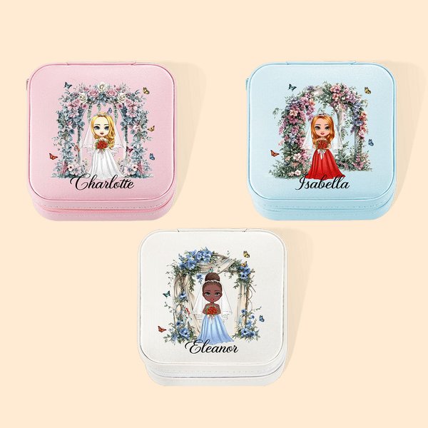Personalisierte tragbare Floral Cartoon Schmuckkasten mit Namen Braut Dusche Hochzeit für Braut Brautjungfer