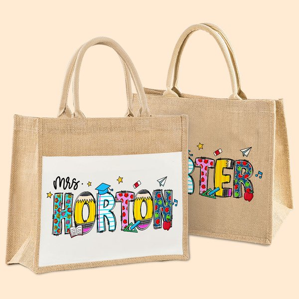 Personalised Cute Pencil Apple Large Jute Tote Bag with Text Teacher's Day Back to School Gift for Teacher