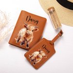 Personliga blommor Highland Cow läder passhållare bagagetagg set med namn resetillbehör födelsedagspresent för Highland Cow älskare