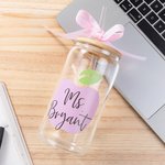 Gepersonaliseerde Leraar Apple 16oz glazen beker met bamboe deksel rietje en lint terug naar school Waardering Gift voor leraar